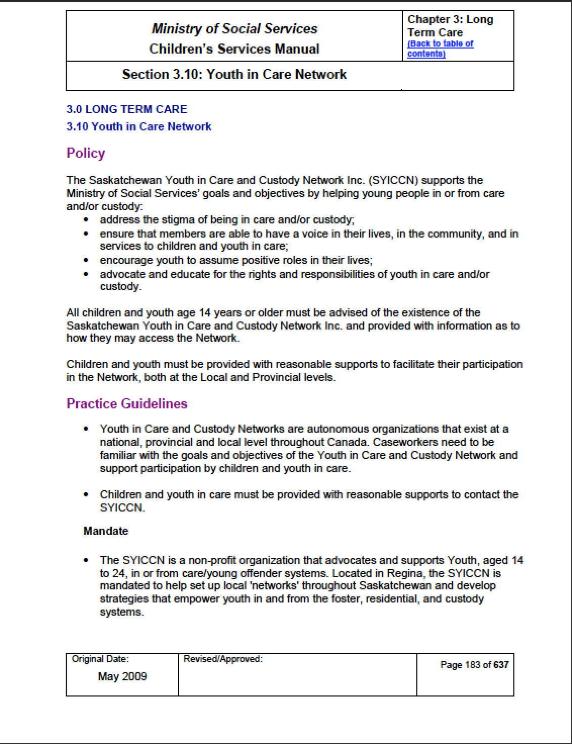 CSM Network screenshot 1 Screenshot of Section 3.10 from the Children Services Manual
